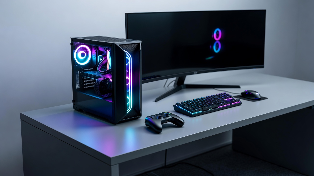 Clean modern PC gaming setup desk with RGB lighting and controller