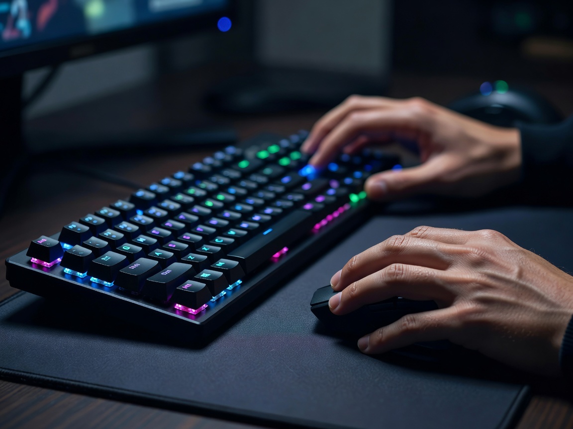 Close up view of gamer hands using mechanical keyboard and mouse