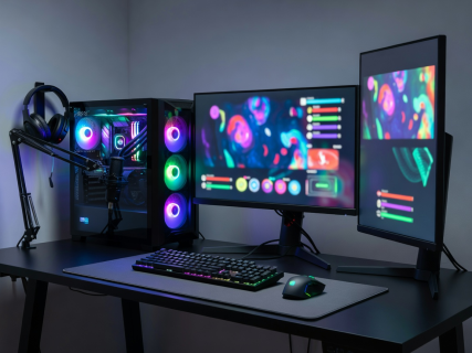 Detailed PC gaming desk setup with dual monitors and mechanical keyboard
