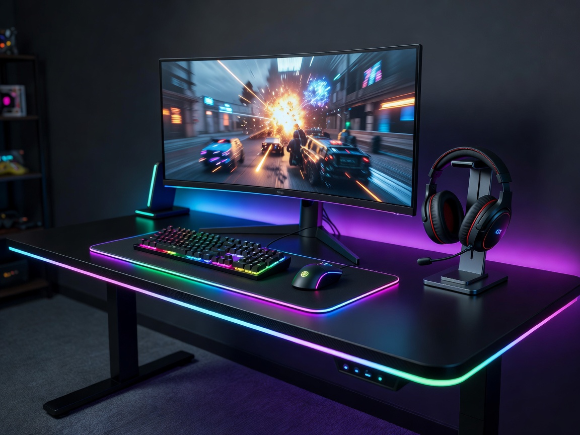 Gamer computer desk with monitor, RGB lighting and headphones
