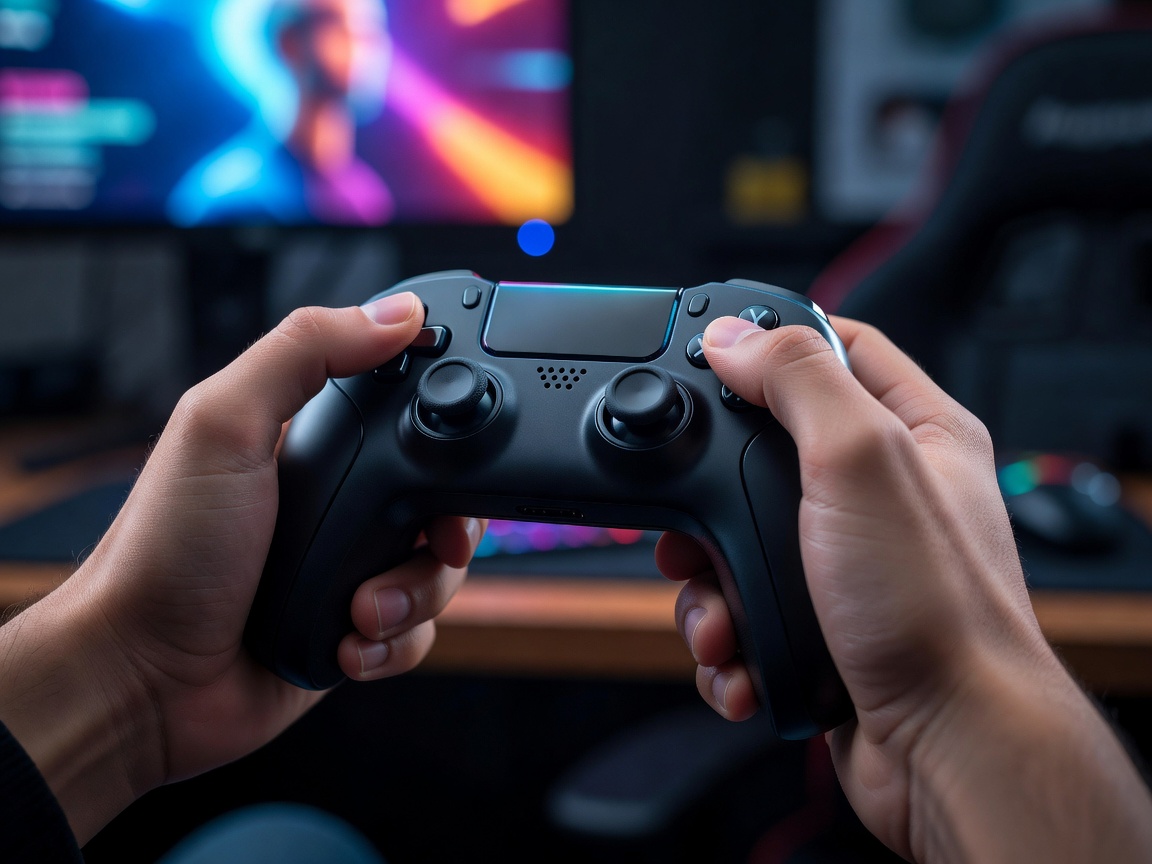 Gamer holding wireless video game controller with ergonomic grip