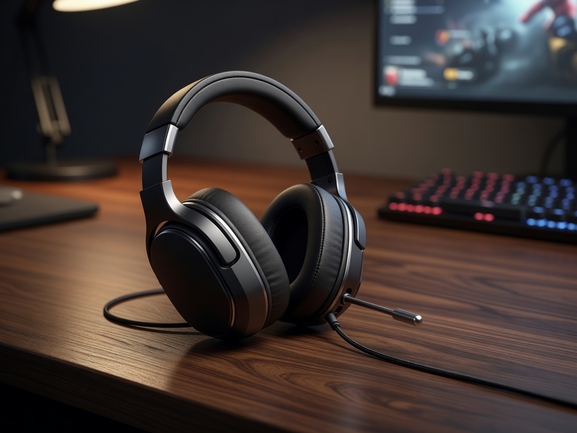 Gaming headset with boom microphone resting on desktop surface