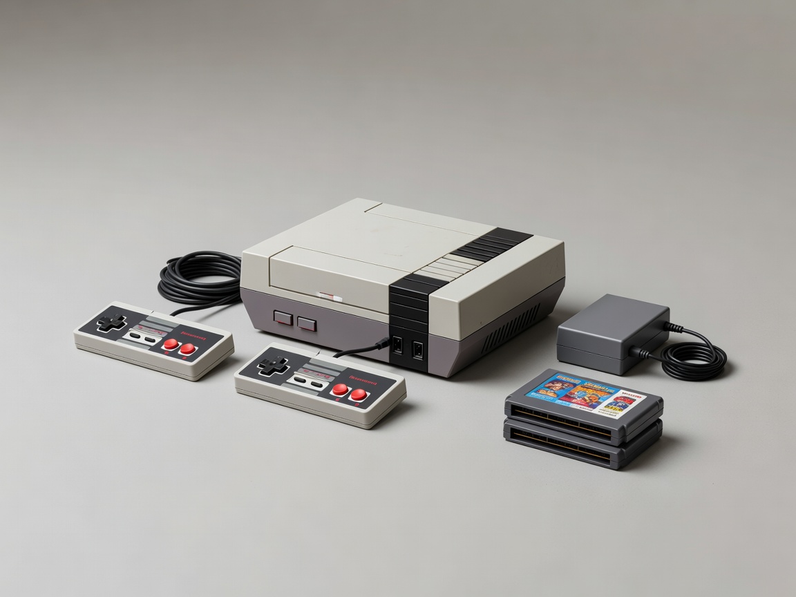 Retro gaming console and electronic accessories layout on desk setup